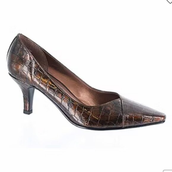 easy street Shoes - Easy Street Bronze Snake Patent Chiffon Small Heel Pumps Pointed Toe 6.5‎ WIDE